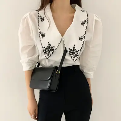 Black Embroidered V-Neck Lapel Shirt with White Lace
