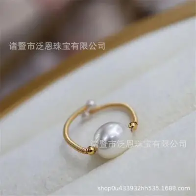 14K Gold Winding Pearl Ring Baroque White Bead Adjustable