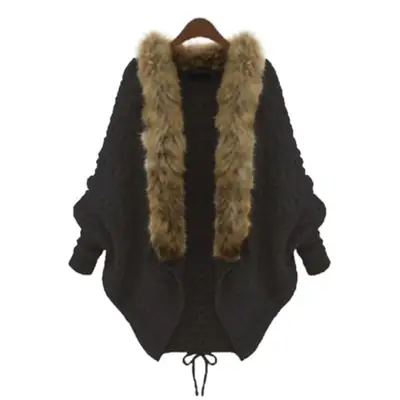Women Knitted Cape Sweater Beige Winter Cap