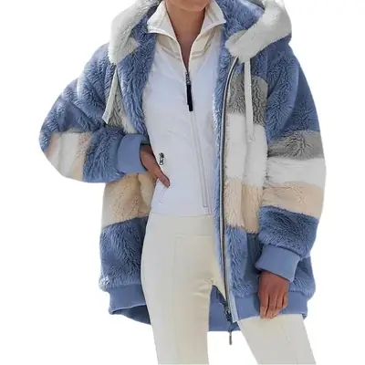 Women Hooded Plush Jacket Winter Warm Lavender White
