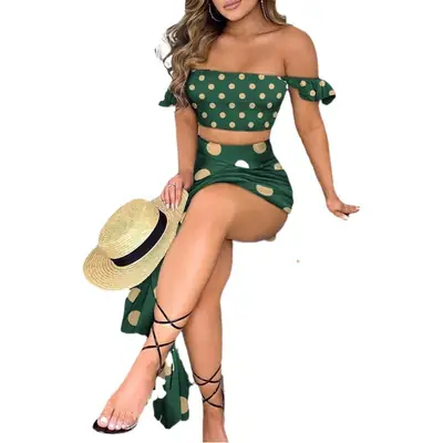 Green Polka Dot French Boho Dress for Women