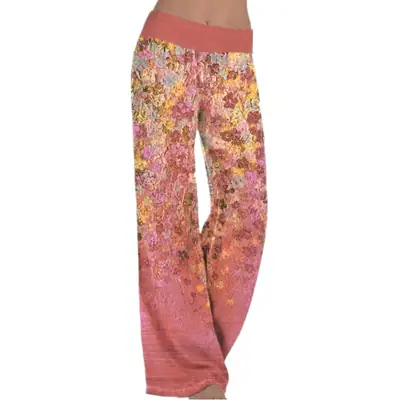 Women Floral Print Wide Leg Yoga Trousers Pink