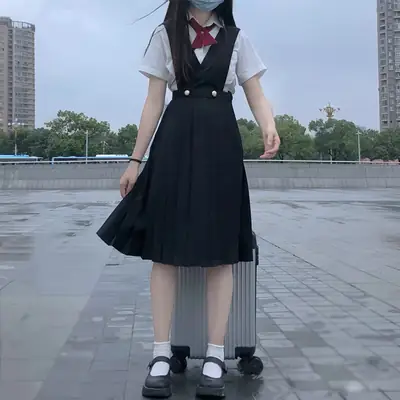 Black Pleated Vest Dress for Girls V-Neck