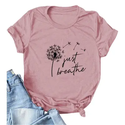 Women's Pink Dandelion Printed T-Shirt Just Breathable Casual Pullover