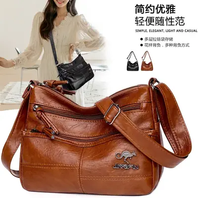 Women's Soft Leather Crossbody Bag Black Brown Multi Pocket
