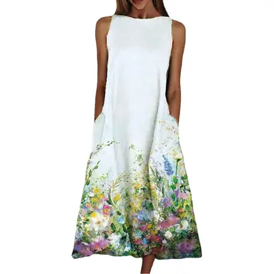 Women's Floral Print Sleeveless Dress White Summer