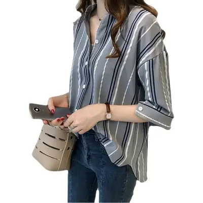 Women Korean Style Striped Shirt Large Size 3Q Sleeve V Neck