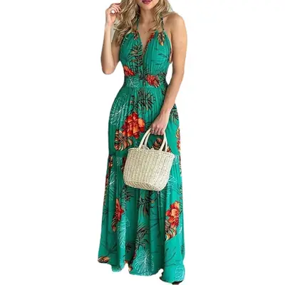 2023 Printed Backless Long Dress Green Floral