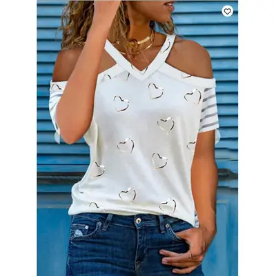 Women V-Neck Printed Cotton T-Shirt Cold Shoulder