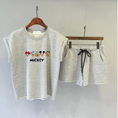 Women 2Pc Mickey Print Grey Shorts Set Summer