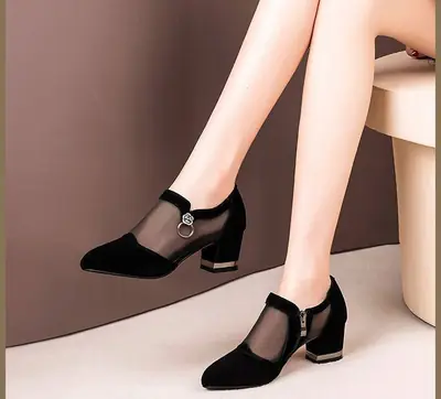 Women's Black Mesh Chick Heel Sandals Mid Heel