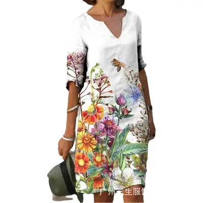 2024 Floral Print V-Neck Loose Dress Plus Size