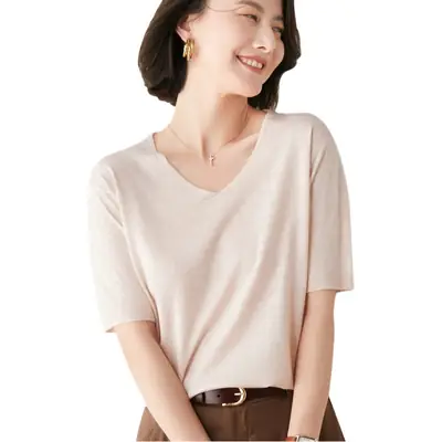 Women V-Neck Knitted T-Shirt Red Short Sleeve