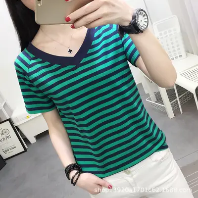 Women Green Striped Cotton T-Shirt Large Summer Loose Stripes