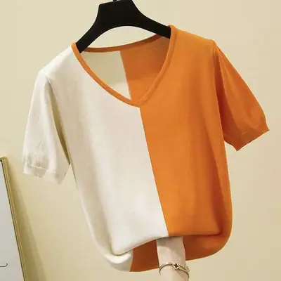 Women Ice Silk T-Shirt Orange White V-Neck Short Sleeve Summer 2022