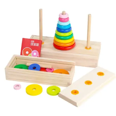 Wooden Hanoi Tower for Kids 10 Levels Educational Game