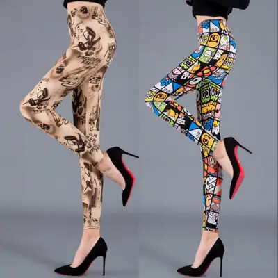 Women Thin Leggings Cartoon Print Large High Waist