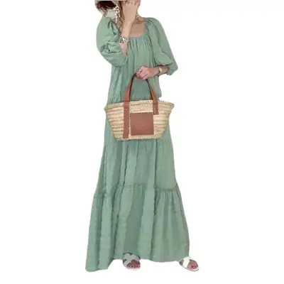 Puff-Sleeved Long Skirt Dress for Women Brown