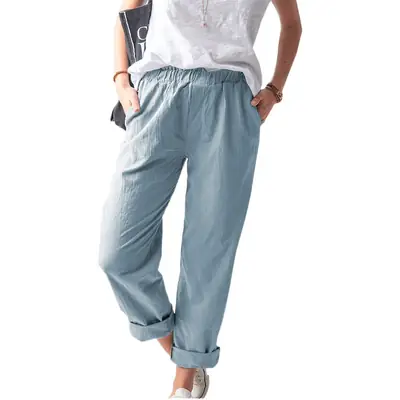 Women's Elastic Straight Leg Pants Beige Casual Summer