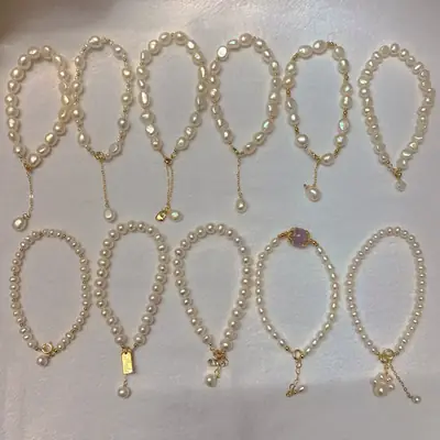 14K Gold Pearl Bracelet with Chain Drop