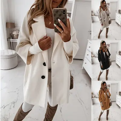 Women Woolen Coat 7-Pocket Lapel Winter Autumn
