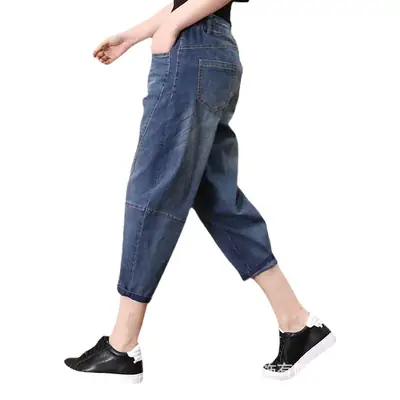 Women Cropped Elastic Waist Pants Blue Denim