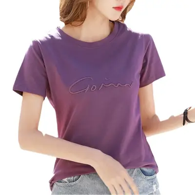 Women Cotton Purple T-Shirt Short Sleeve Embroidered