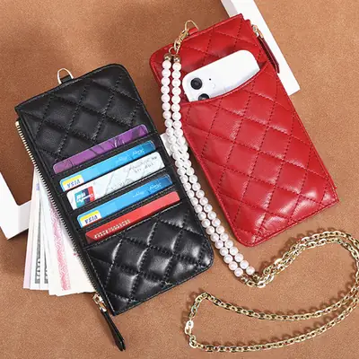 2021 Genuine Leather Crossbody Bag Women Rhombic Chanel Pearl Chain Mobile Phone Bag