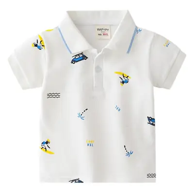 Boys White Dino Printed Polo Shirt Short Sleeve Summer
