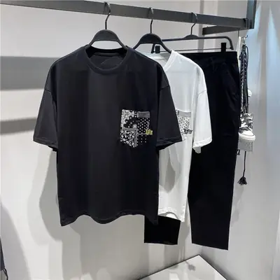 Men Printed T-Shirt White Black Chinese Style Loose Fit