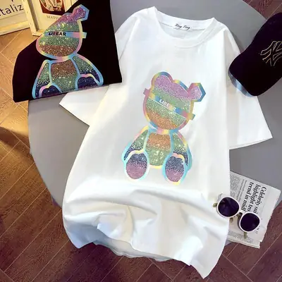2025 Spring Women Heavy Rhinestone Bear T-Shirt White