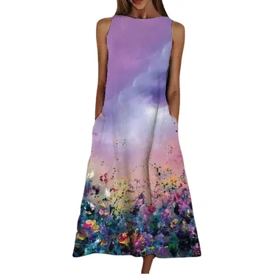Sleeveless Floral Print Dress Beige Blue Flowers
