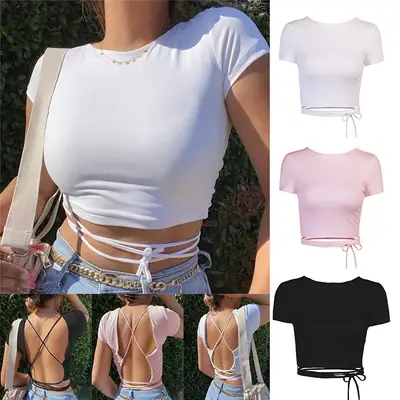 Women's Backless Chest T-Shirt White Pink Black