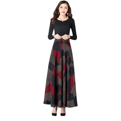 Vintage Women's Plaid Skirt Long High Waist Slimming Ethnic Style Large Swing