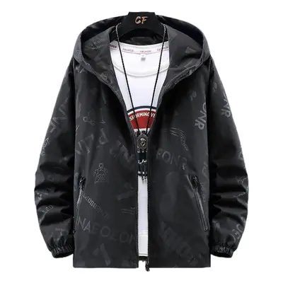 Men's Black Hooded Jacket with Print & Zip Front