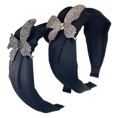 Black Rhinestone Butterfly Wide Bristled Headband for Women