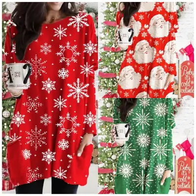 2023 Red Santa Print Long Sleeve T-Shirt Women