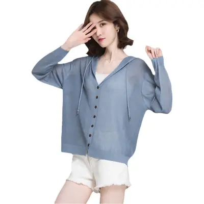 Women Ice Silk Knit Hooded Cardigan Light Blue 2025
