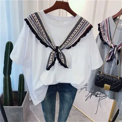 Women Grey T-shirt with Striped Shawl Set