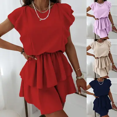 2023 Summer Beige Ruffled Shorts Top Set