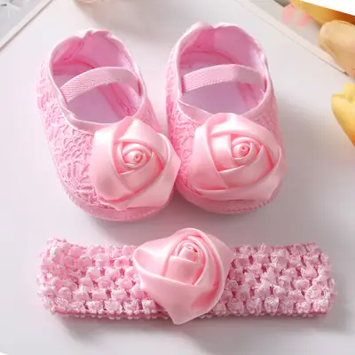 2022 New Baby Shoes Headband Set Cute Princess Shoes European and American Rose 0-6-9-11 Months Baby Shoes