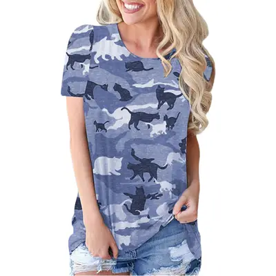 Women Printed Animal T-Shirt Camo Round Neck Loose Fit
