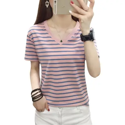 Plus Size Striped Cotton V-Neck T-Shirt Blue