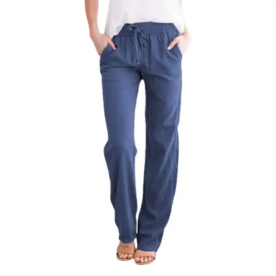 Women Drawstring Loose Casual Trousers Blue Cotton