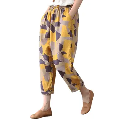 Women Printed Cropped Pants Yellow Gray Loose Cotton