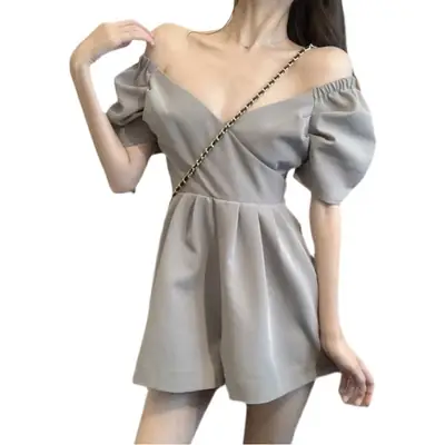 Women's Grey Off-Shoulder Shorts with Chain Bag