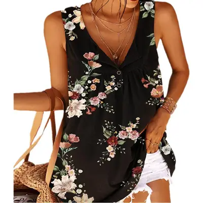 2023 Printed V-Neck Twisted Button Sleeveless Vest Women