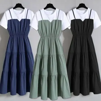 Large Size Women's Navy Blue Sling Dress Summer Chubby