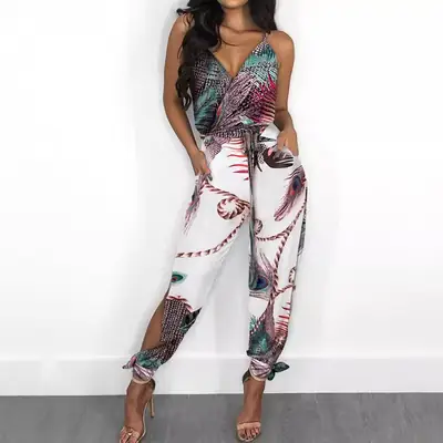 New Peacock Feather Print V-Neck Jumpsuit for Women