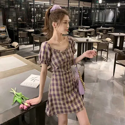 Women French Plaid Dress Mid Skirt Waisted Short Sleeve